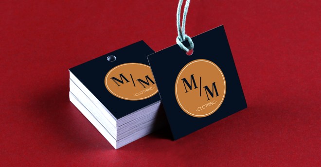 typographic square clothing hang tag example