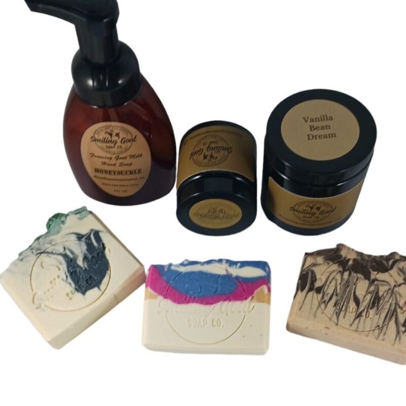 natural body care products soap body wash with brown rustic packaging