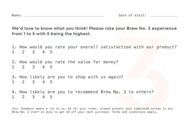 back view postcard with 1-4 questionnaires to get customer feedback